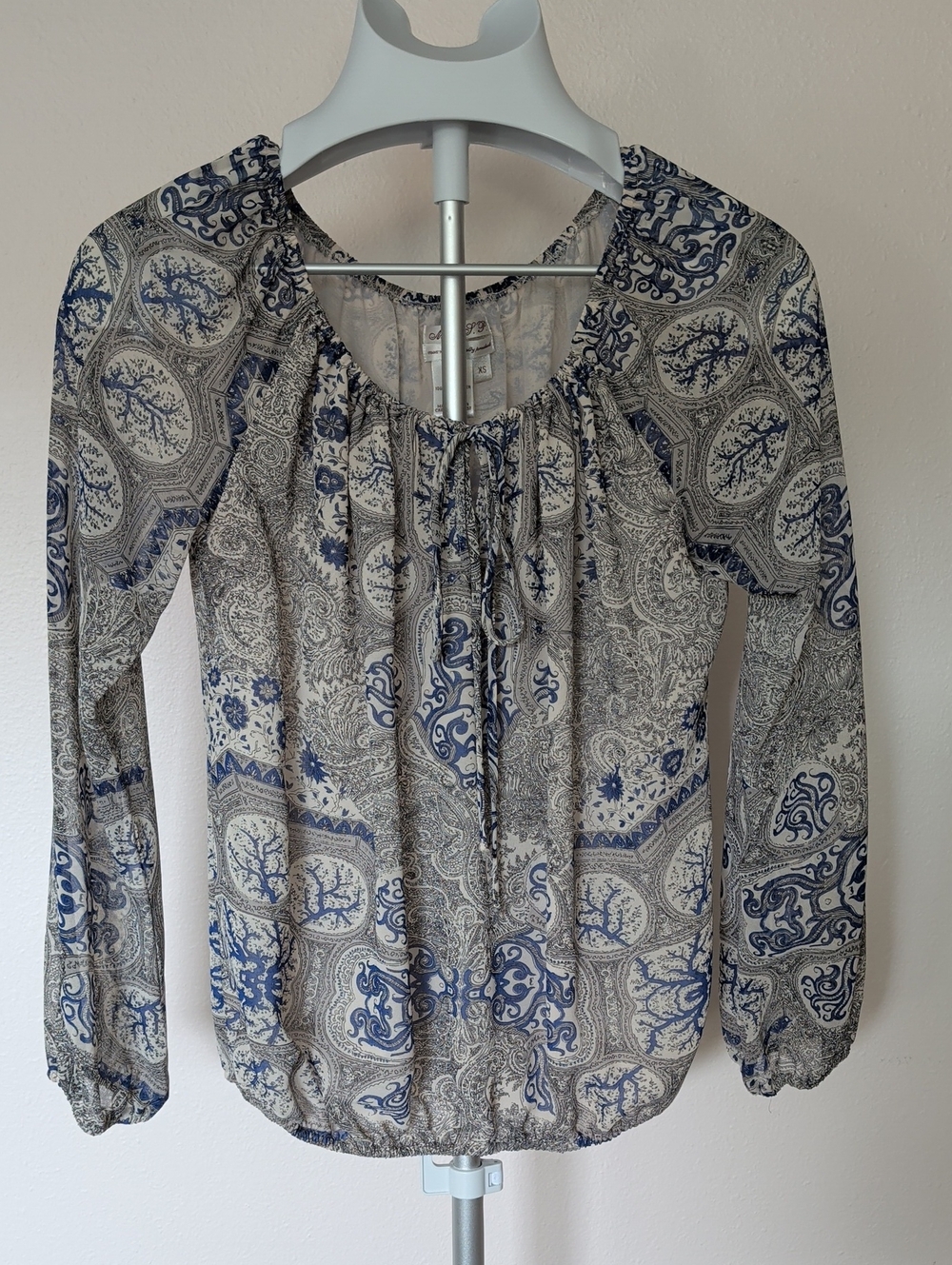 MSSP Boho Print Tie-Neck Blouse - Blue and Cream